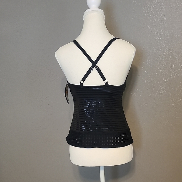 Nike Shiny Black Womens Swimsuit Top Striped Perforated NWT Small Adj Straps - Picture 3 of 11
